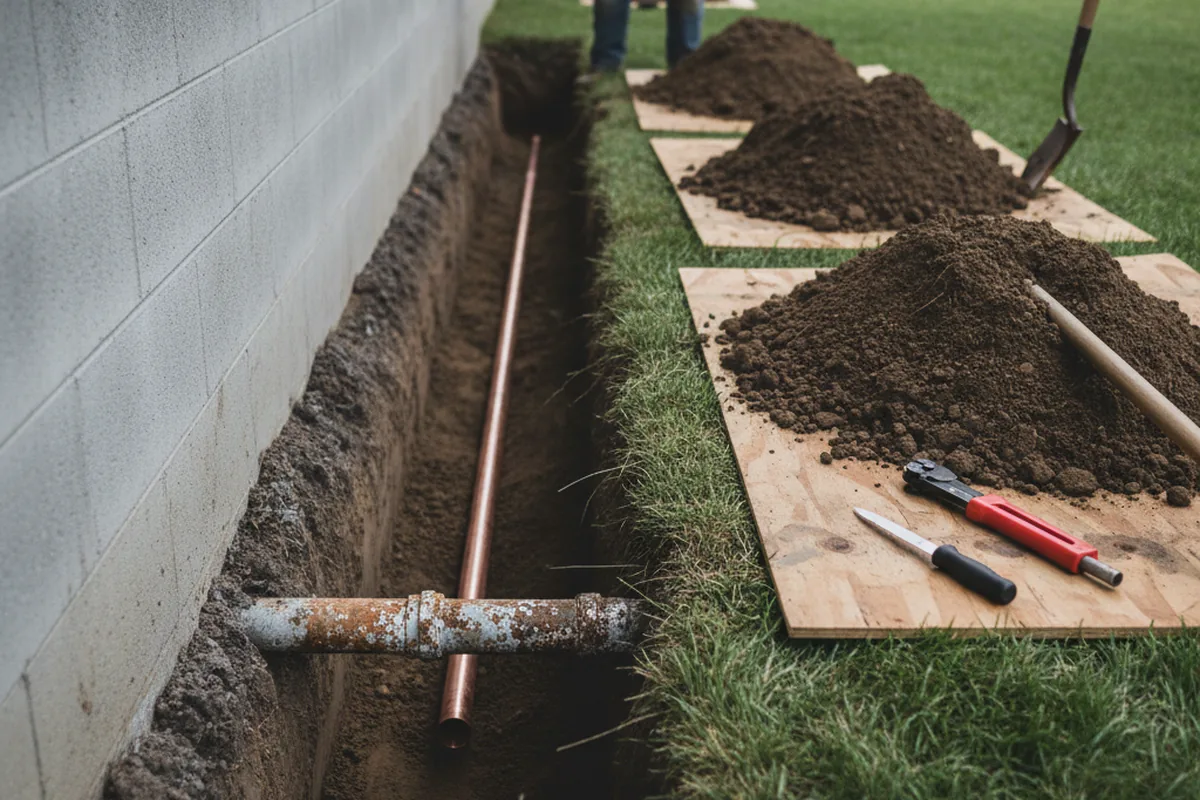 Excavated water line trench during Water Softener Installation in Orviston